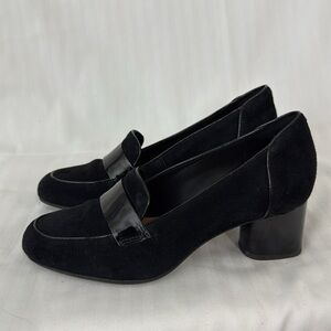 Clarks Black Suede Heeled Loafers